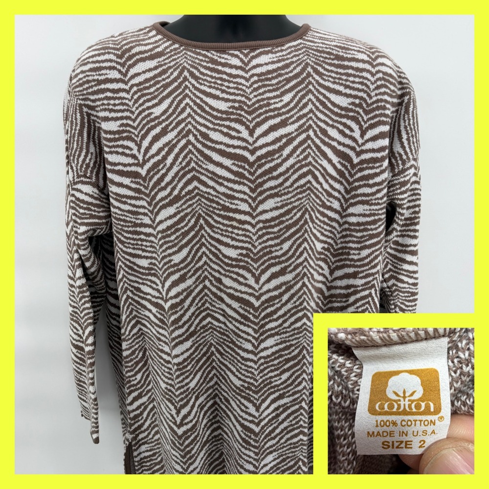 VTG Joan Vass USA Zebra Tiger Stripe Knit Sweater 100% Cotton Brown White Size 2